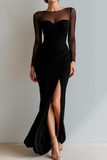 Cabernet Ruched Mermaid Illusion Neck Long Formal Dress with Silt
