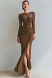 Black Maxi Mermaid Illusion Neck Ruched Formal Dress with Silt
