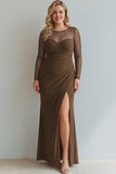 Long Cabernet Mermaid Ruched Illusion Neck Holiday Party Dress with Silt