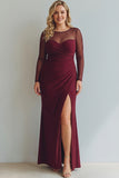 Cabernet Ruched Mermaid Illusion Neck Long Formal Dress with Silt