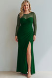 Cabernet Ruched Long Mermaid Illusion Neck Formal Dress with Silt