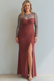 Long Cabernet Mermaid Ruched Illusion Neck Holiday Party Dress with Silt