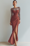 Navy Ruched Mermaid Illusion Neck Maxi Formal Dress with Silt