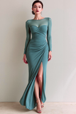 Navy Ruched Mermaid Illusion Neck Maxi Formal Dress with Silt