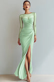 Navy Ruched Mermaid Illusion Neck Maxi Formal Dress with Silt