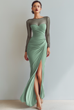 Navy Ruched Mermaid Illusion Neck Maxi Formal Dress with Silt