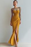 Navy Ruched Mermaid Illusion Neck Maxi Formal Dress with Silt