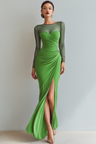 Navy Ruched Mermaid Illusion Neck Maxi Formal Dress with Silt