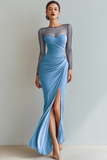 Navy Ruched Mermaid Illusion Neck Maxi Formal Dress with Silt