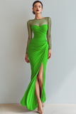 Black Mermaid Ruched Illusion Neck Maxi Formal Dress with Silt