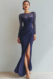 Navy Ruched Mermaid Illusion Neck Maxi Formal Dress with Silt