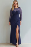 Cabernet Ruched Mermaid Illusion Neck Long Formal Dress with Silt