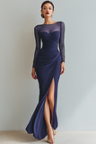 Navy Ruched Mermaid Illusion Neck Maxi Formal Dress with Silt