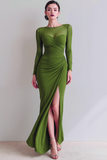 Navy Ruched Mermaid Illusion Neck Maxi Formal Dress with Silt