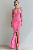 Black Mermaid Ruched Illusion Neck Maxi Formal Dress with Silt