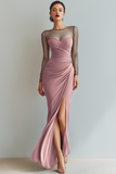 Black Mermaid Ruched Illusion Neck Maxi Formal Dress with Silt