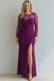 Black Maxi Mermaid Illusion Neck Ruched Formal Dress with Silt
