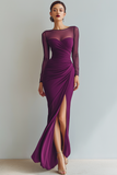 Black Mermaid Ruched Illusion Neck Maxi Formal Dress with Silt
