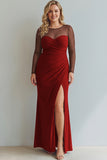 Cabernet Ruched Mermaid Illusion Neck Long Formal Dress with Silt