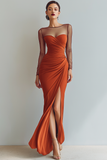 Navy Ruched Mermaid Illusion Neck Maxi Formal Dress with Silt