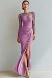 Black Mermaid Ruched Illusion Neck Maxi Formal Dress with Silt