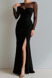 Cabernet Ruched Mermaid Illusion Neck Long Formal Dress with Silt