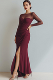Navy Ruched Mermaid Illusion Neck Maxi Formal Dress with Silt
