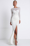 White Mermaid Illusion Neck Long Wedding Reception Dress with Silt