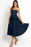 Navy Satin A Line Strapless Pleated Midi Wedding Guest Dress