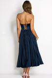 Navy Satin A Line Strapless Pleated Midi Wedding Guest Dress