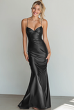Brown Satin Mermaid Spaghetti Straps Maxi Formal Dress