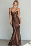 Brown Satin Mermaid Spaghetti Straps Maxi Formal Dress