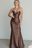 Brown Satin Mermaid Spaghetti Straps Maxi Formal Dress