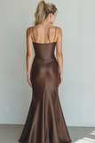 Brown Satin Mermaid Spaghetti Straps Maxi Formal Dress