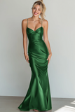 Brown Satin Mermaid Spaghetti Straps Maxi Formal Dress