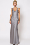 Simple Silver Mermaid Satin Cowl Neck Long Wedding Guest Dress
