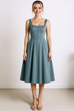 Dusty Blue A Line Square Neck Midi Wedding Guest Dress