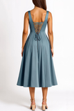 Dusty Blue A Line Square Neck Midi Wedding Guest Dress