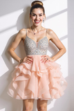 Sparkly Pink Ruffled A Line Spaghetti Straps Short Cocktail Dress with Sequins