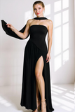 Black Chiffon Strapless Sheath Long Formal Dress with Slit