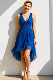 Royal Blue Chiffon A Line V-Neck Flowy High Low Formal Dress