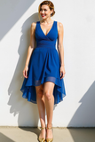 Royal Blue Chiffon A Line V-Neck Flowy High Low Formal Dress