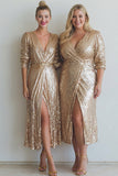 Sparkly Champagne Plus Size Sequins V-Neck Long Evening Dress with Slit