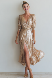 Sparkly Champagne Sequins V-Neck Long Evening Dress with Slit