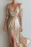 Sparkly Champagne Sequins V-Neck Long Evening Dress with Slit