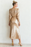 Sparkly Champagne Sequins V-Neck Long Evening Dress with Slit