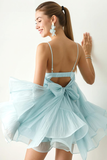 Sky Blue Chiffon A Line Tiered Short Cocktail Dress