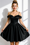 Black Satin A Line Cold Shoulder Short Cocktail Dress