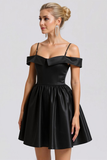 Black Satin A Line Cold Shoulder Short Cocktail Dress