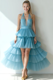 Sky Blue Halter Tiered A Line High Low Formal Dress